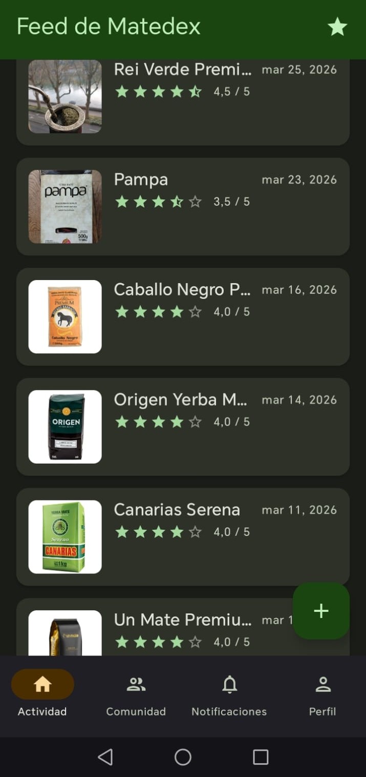 Matedex app showing a list of yerbas with ratings and tasting notes